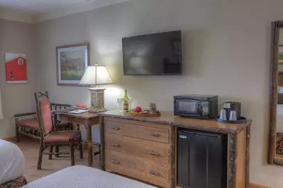 hotel room with fridge and microwave